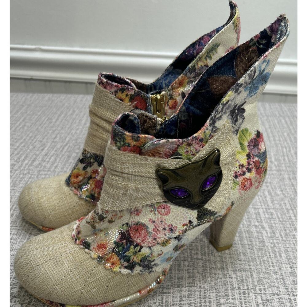 Irregular Choice Miaow Heeled Ankle Boots 38 / 7.5 Cat Floral Brocade Whimsy - Picture 3 of 11